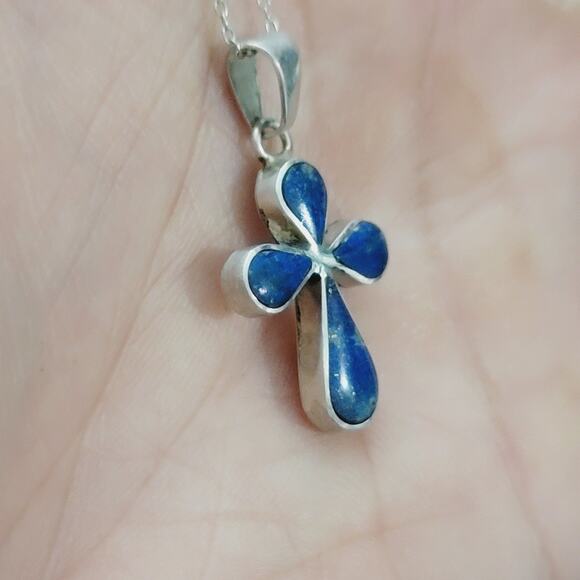 Sterling Silver Lapis Lazuli Cross Pendant Necklace 20" - Picture 2 of 6
